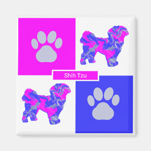 Aimant Chih Tzu Silhouette Chien & Paw Rose et Carré bleu
