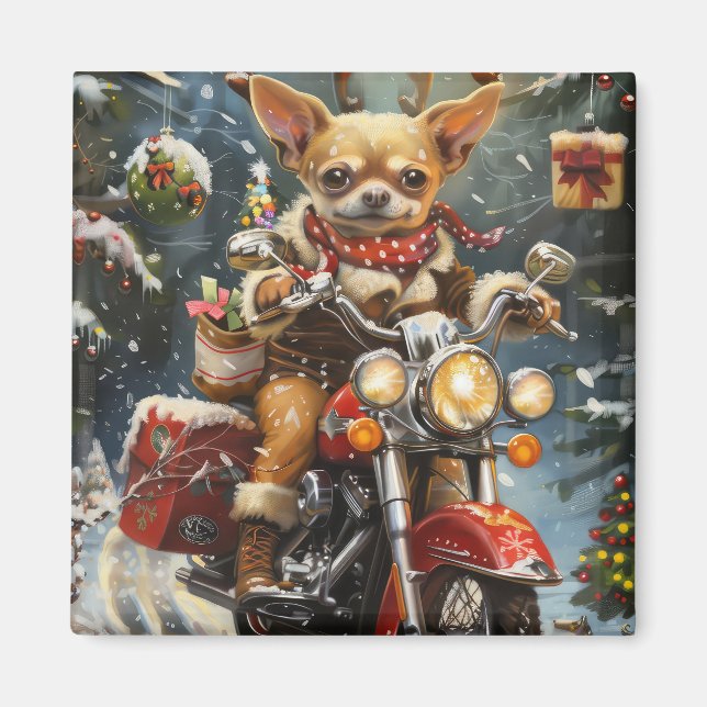 Aimant Chihuahua Chien à Moto Noël  (Devant)