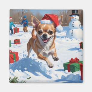 Aimant Chihuahua coule en neige avec le Casquette de Noël