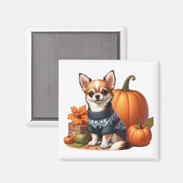 Aimant Chihuahua mignon en pull avec des citrouilles  (Recto/Verso)