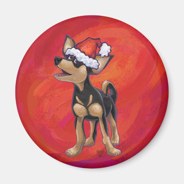 Aimant Chihuahua Noël sur Rouge (Devant)