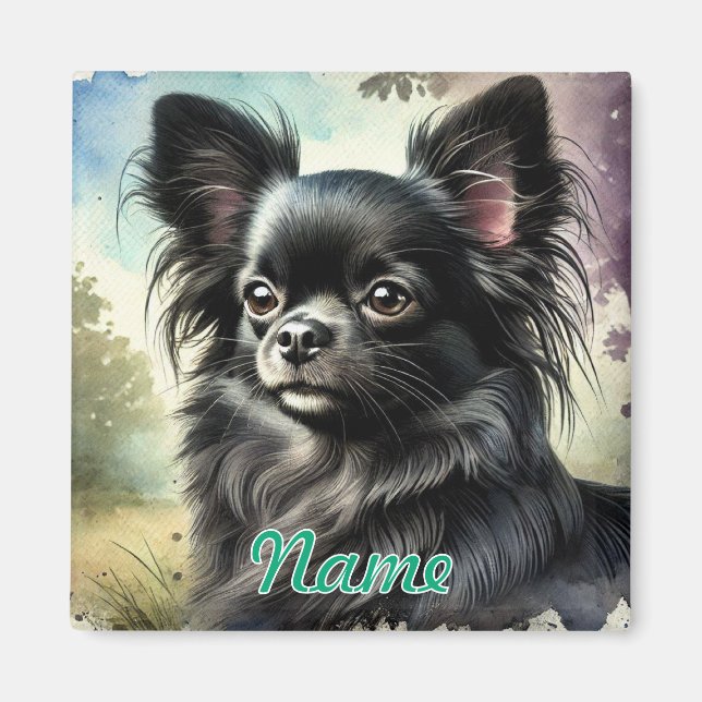 Aimant Chihuahua noir à poils longs en aquarelle (Devant)