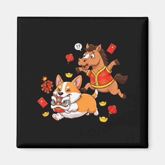 Aimant Chinese Horse Corgi Funny Kids Mens Womens Happy N (Devant)