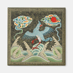 Aimant Chinoiserie Motif de grue dorée et de vague marine