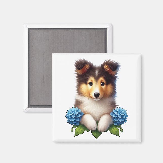 Aimant Chiot adorable avec des fleurs bleues  (Recto/Verso)