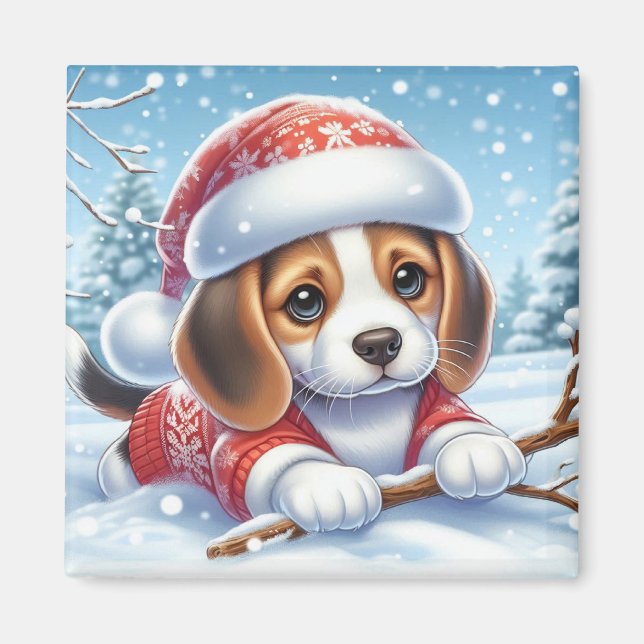 Aimant Chiot beagle en tenue de Noël Profitant de la neig (Devant)