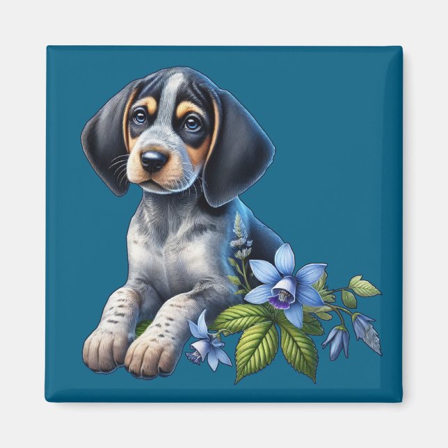 Aimant Chiot bleu Tick Hound avec Fleurs Bleues Delicate (Devant)