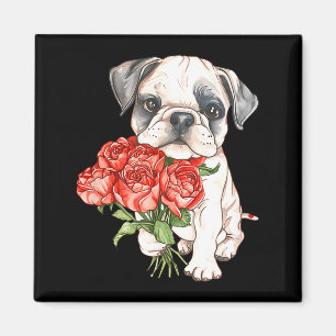 Aimant Chiot bouledogue à l'aquarelle mignon tenant des r