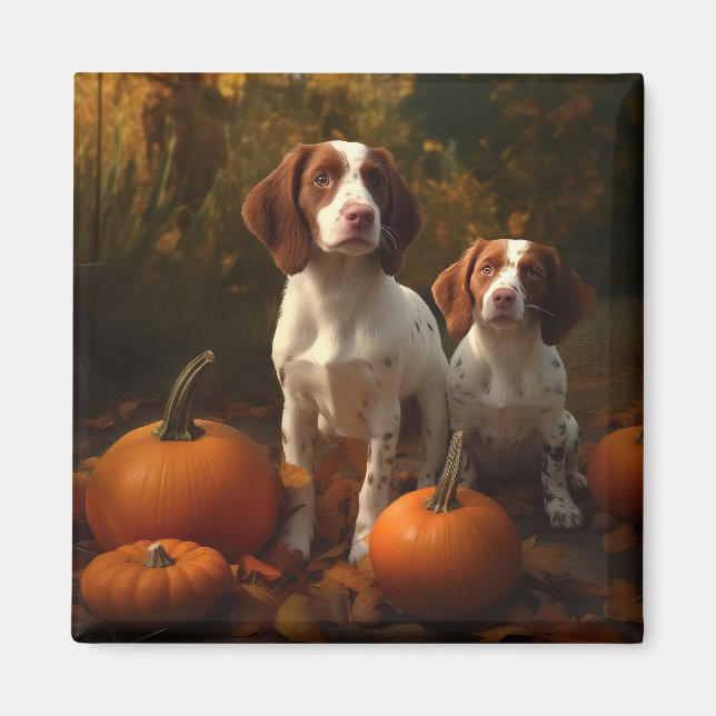 Aimant Chiot Brittany Spaniel Délice d'Automne Citrouille (Devant)