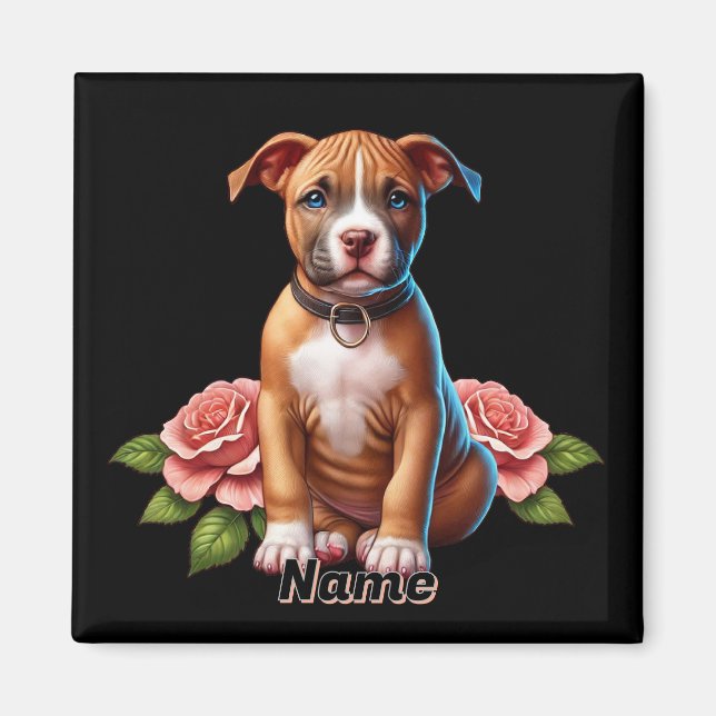 Aimant Chiot Brun Mignon avec des Roses (Devant)