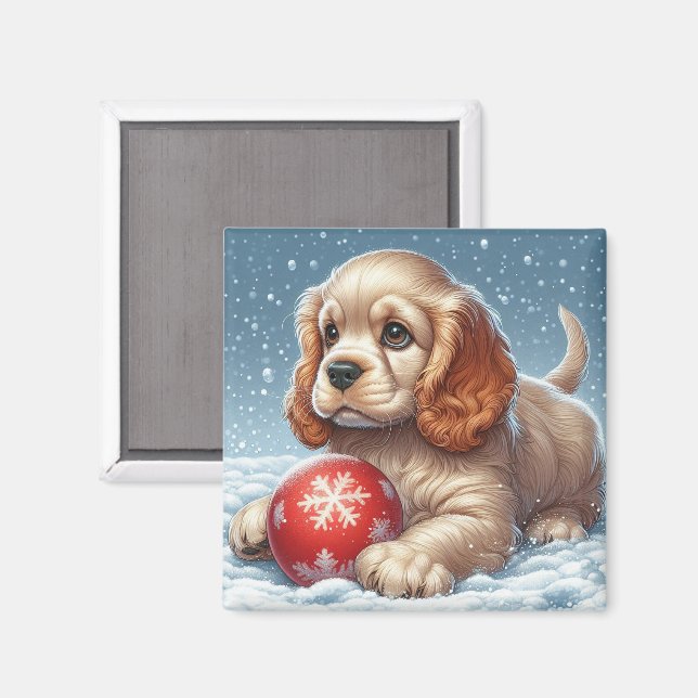 Aimant Chiot Cocker Spaniel se reposant sur la neige avec (Recto/Verso)