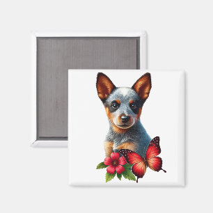 Aimant Chiot de Heeler mignon avec Papillon et Fleur