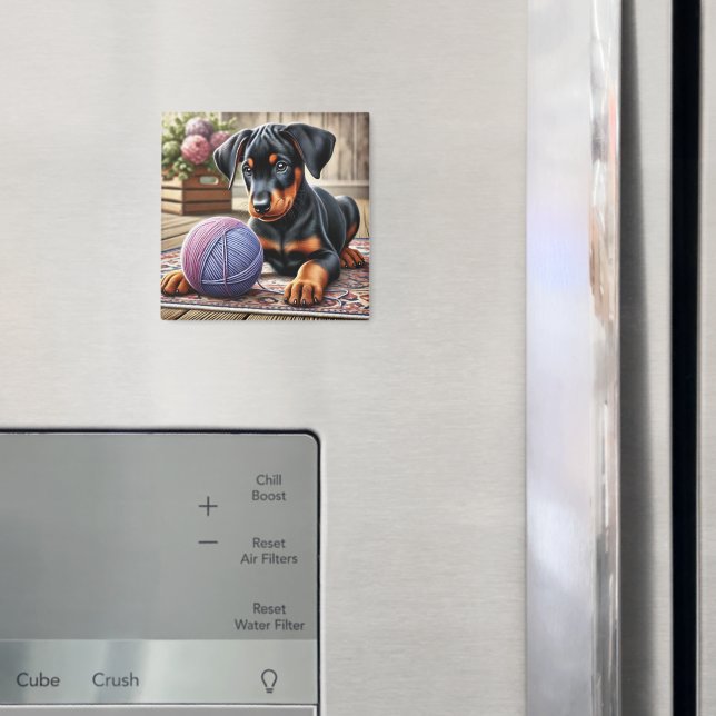 Aimant Chiot noir et feu adorable avec balle de laine  (In situ (réfrigérateur))