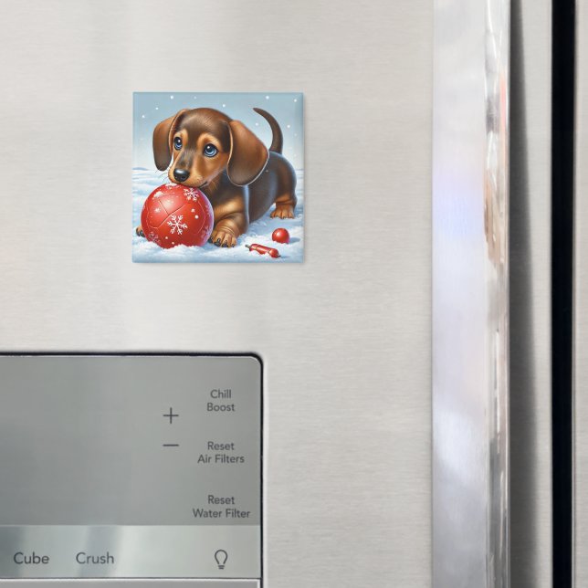 Aimant Chiot teckel adorable jouant avec un ballon rouge (In situ (réfrigérateur))