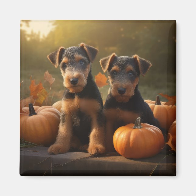 Aimant Chiots Airedale Automne Délice Citrouille (Devant)
