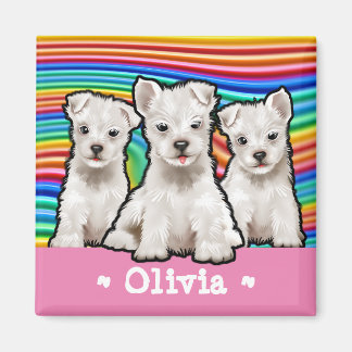 Aimant Chiots arc-en-ciel carré personnalisés.