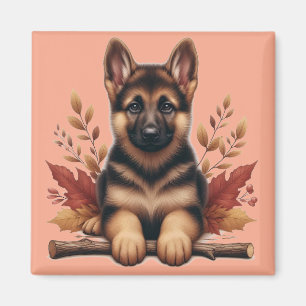 Aimant Chiots Berger Allemand Avec Feuilles D'automne