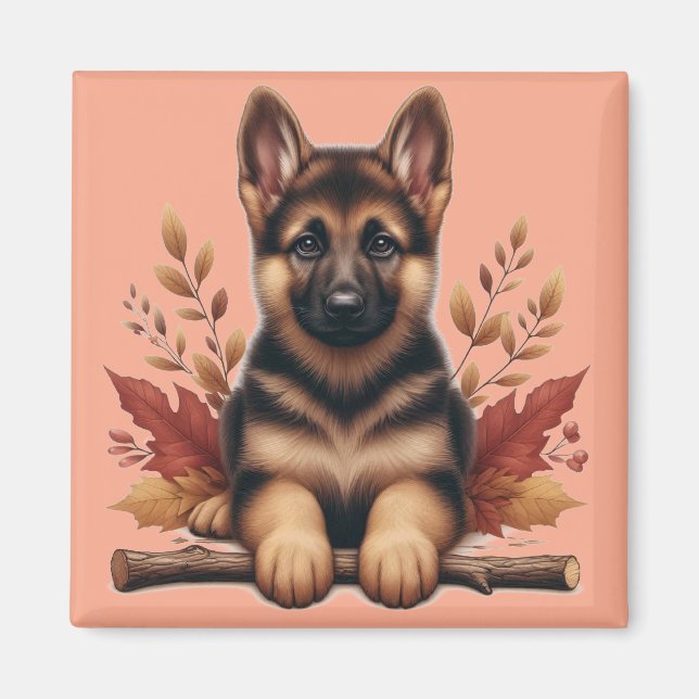 Aimant Chiots Berger Allemand Avec Feuilles D'automne (Devant)