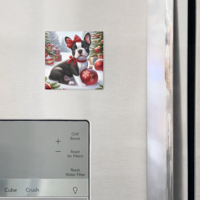 Aimant Chiots Boston Terrier avec ornements de Noël  (In situ (réfrigérateur))