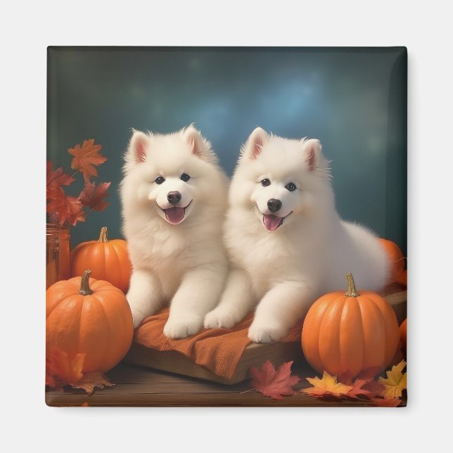 Aimant Chiots Samoyède Délice d'Automne Citrouille  (Devant)