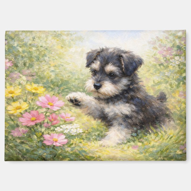 Aimant Chiots Schnauzer Fleurs de Printemps (Recto)
