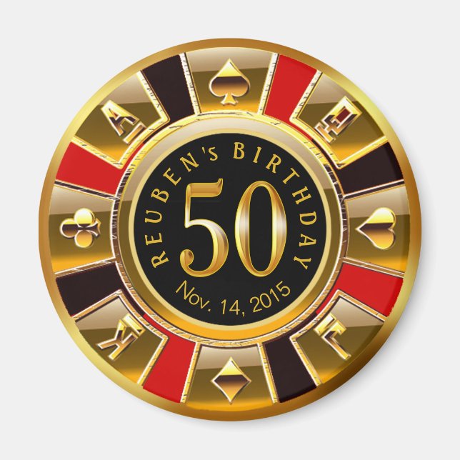 Aimant Chip Casino Vegas 50e anniversaire | or rouge noir (Devant)