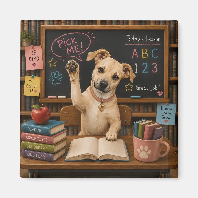 Aimant Choisis-moi ! Chien d'école mignon levant la patte (Devant)