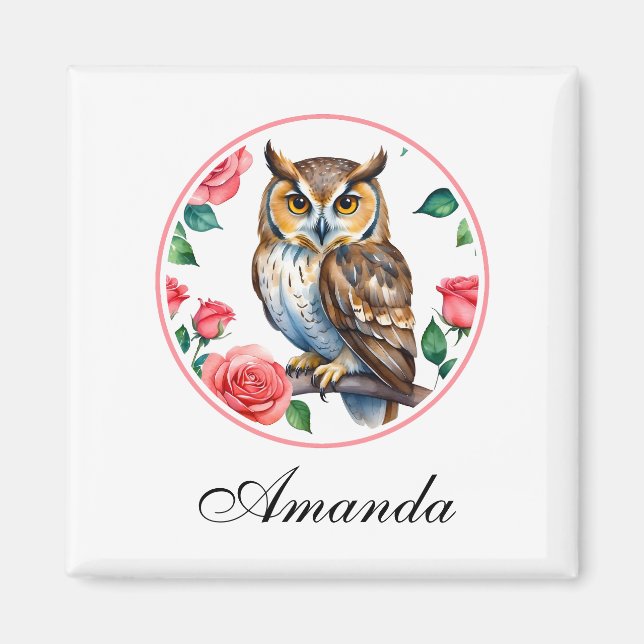Aimant Chouette aquarelle décorative avec Rose (Devant)