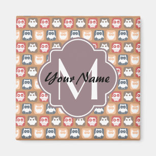 Aimant Chouette beige Monogramme et nom personnalisés
