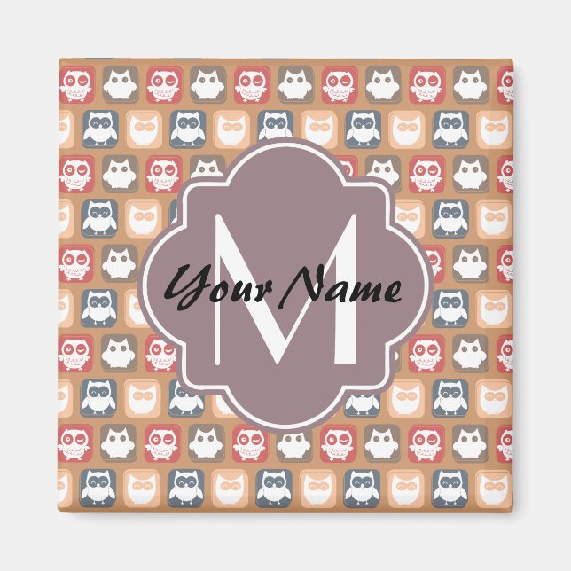 Aimant Chouette beige Monogramme et nom personnalisés (Devant)