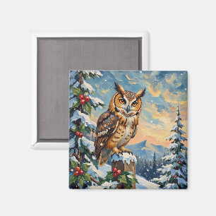 Aimant Chouette effraie vintage sur clôture gelée Noël
