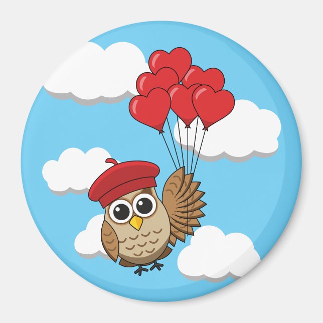 Aimant Chouette mignonne volant avec des ballons de coeur (Devant)
