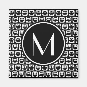 Aimant Chouette noire et blanche Monogramme personnalisé
