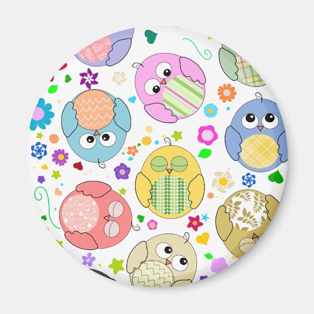 Aimant Chouettes mignonnes et motif de fleurs (Devant)