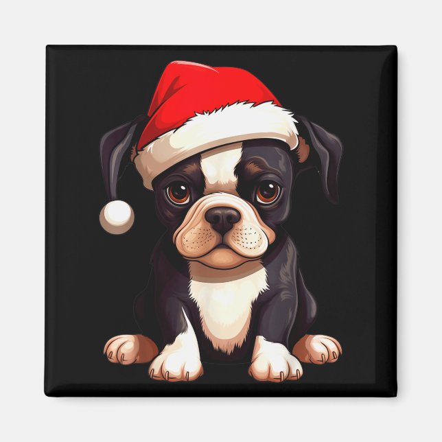 Aimant Christmas Boston Terrier Dog Santa Hat Funny Xmas  (Devant)