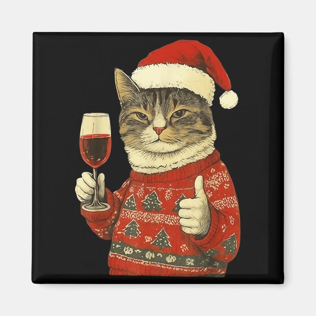 Aimant Christmas Cat Likes Cute Cat Drinking Wine With Sa (Devant)
