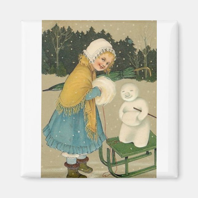 Aimant Christmas Girl & Snowman Art Vintage (Devant)