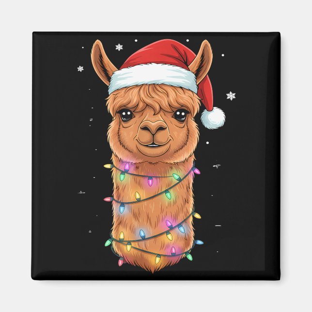 Aimant Christmas Lights Alpaca Santa Hat Llama Cute Xmas  (Devant)