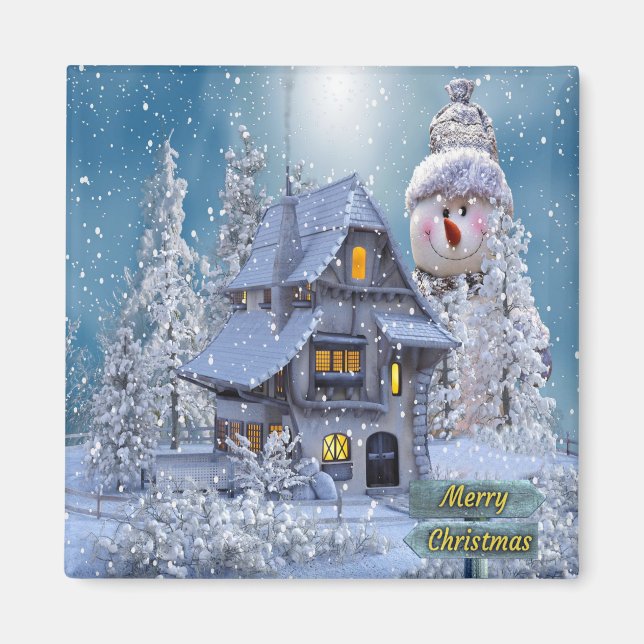 Aimant Christmas Party Winter White Snowman Blue Rustic (Devant)