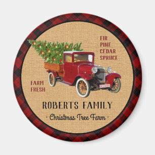 Aimant Christmas Tree Farm Vintage Camion rouge Plaid Rus