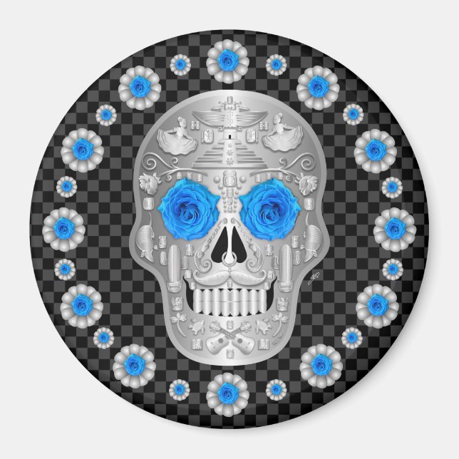 Aimant Chrome Calavera (Rose Bleue)  (Devant)