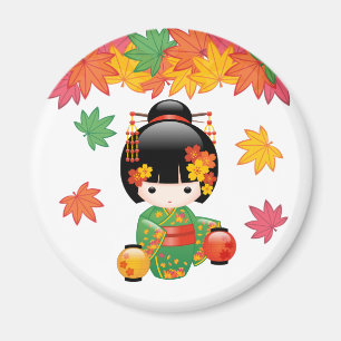 Aimant Chute Poupée Kokeshi - Green Kimono Geisha Girl