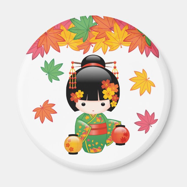 Aimant Chute Poupée Kokeshi - Green Kimono Geisha Girl (Devant)