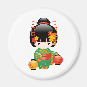 Aimant Chute Poupée Kokeshi - Green Kimono Geisha Girl