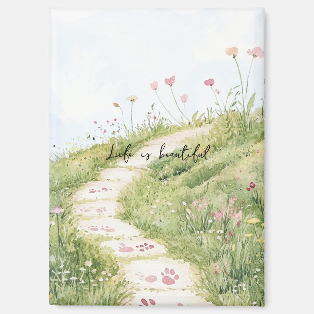 Aimant Cieux Bleus Chemin D'Herbe Fleurs Roses (Recto)