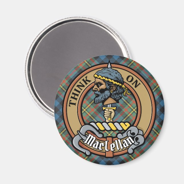 Aimant Cimier du clan MacLellan sur tartan ancien (Recto/Verso)