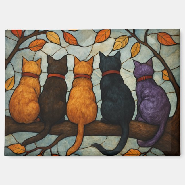 Aimant Cinq chats sur une branche d'arbre de style vitrai (Recto)