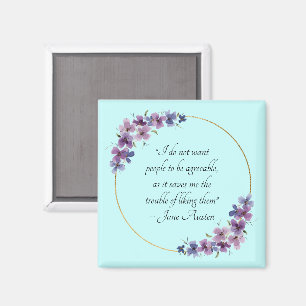 Aimant Citation de Jane Austen avec cadre doré et fleurs