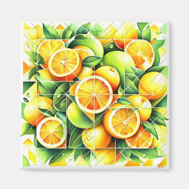 Aimant Citron botanique orange Citrus géométrique (Devant)