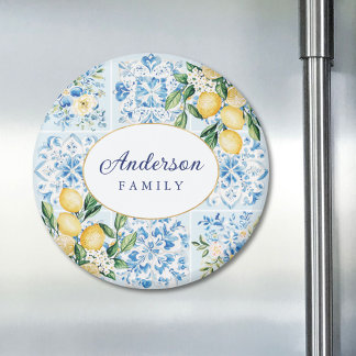 Aimant Citron de carreau italien bleu aquarelle personnal